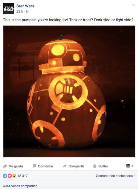 post para aumentar el engagement en Facebook. Star Wars especial Halloween