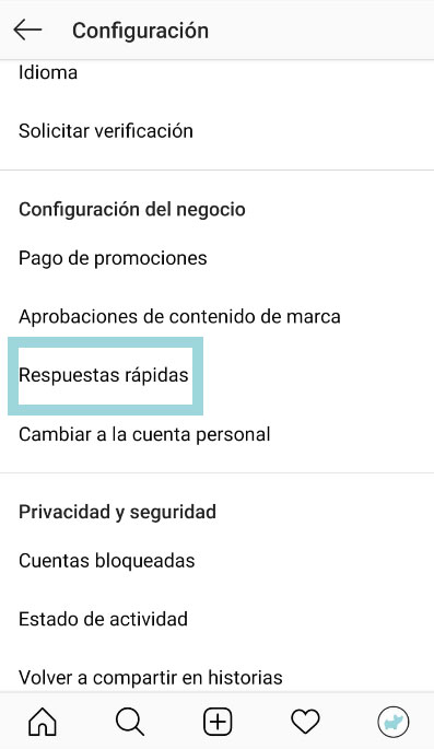 configuracion perfil respuestas rapidas de instagram
