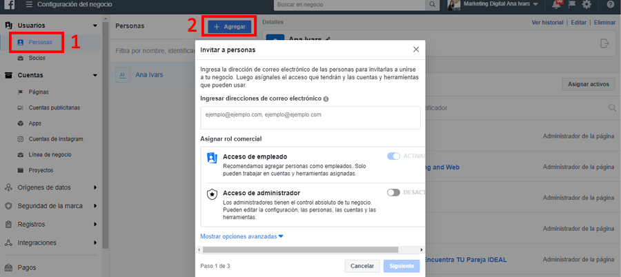 facebook business manager invitar a personas