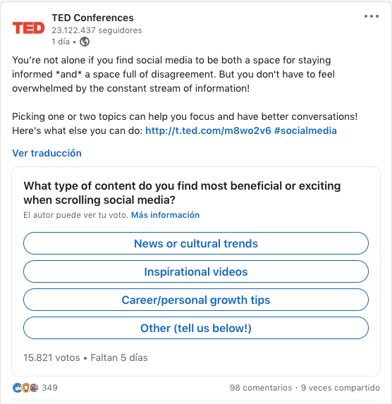 Ejemplo de encuesta en Linkedin de TED Conferences